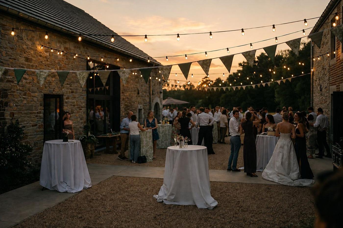 Mariage célébré en soirée dans la cour intérieure, sous les guirlandes lumineuses